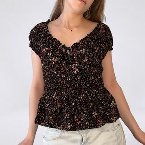 Old Navy Black Smocked Floral Peplum Top with Pink & Red Accents